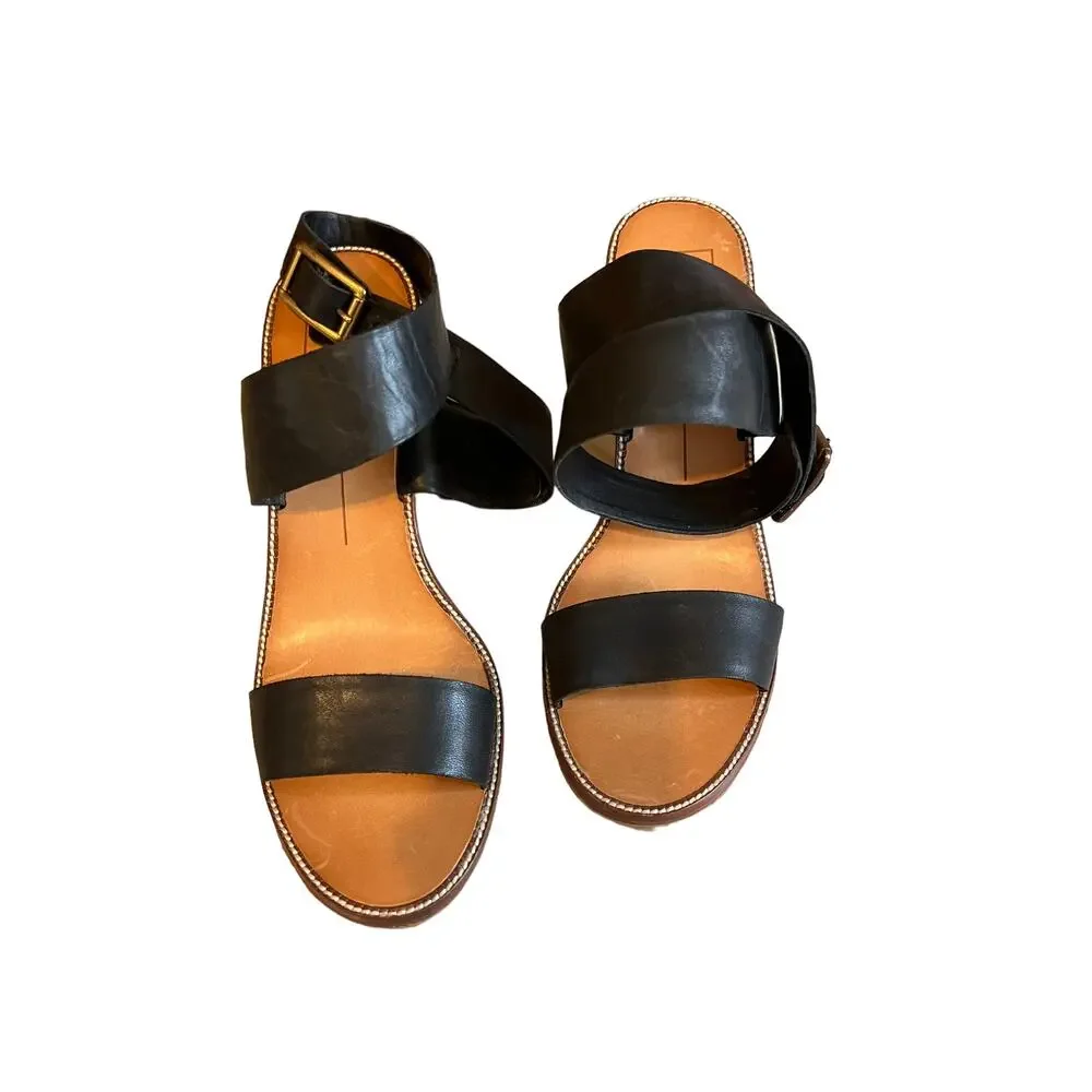 DOLCE VITA DV Black Leather Wedge Sandals 8.5